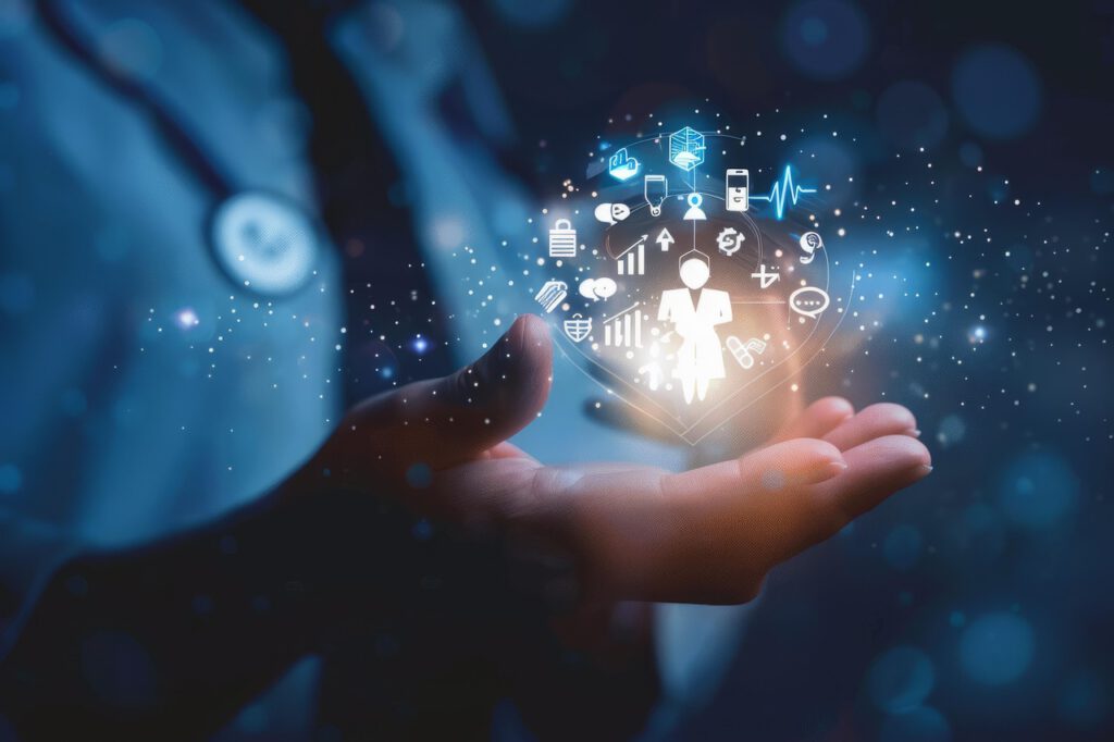 Hand mit digitalem Netzwerk-Hologramm - Consulting Hub Leistungen